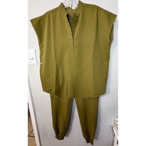 FIGS Women XS Moss Green Scrub Set Oversized V-Neck Top & Jogger Pants
